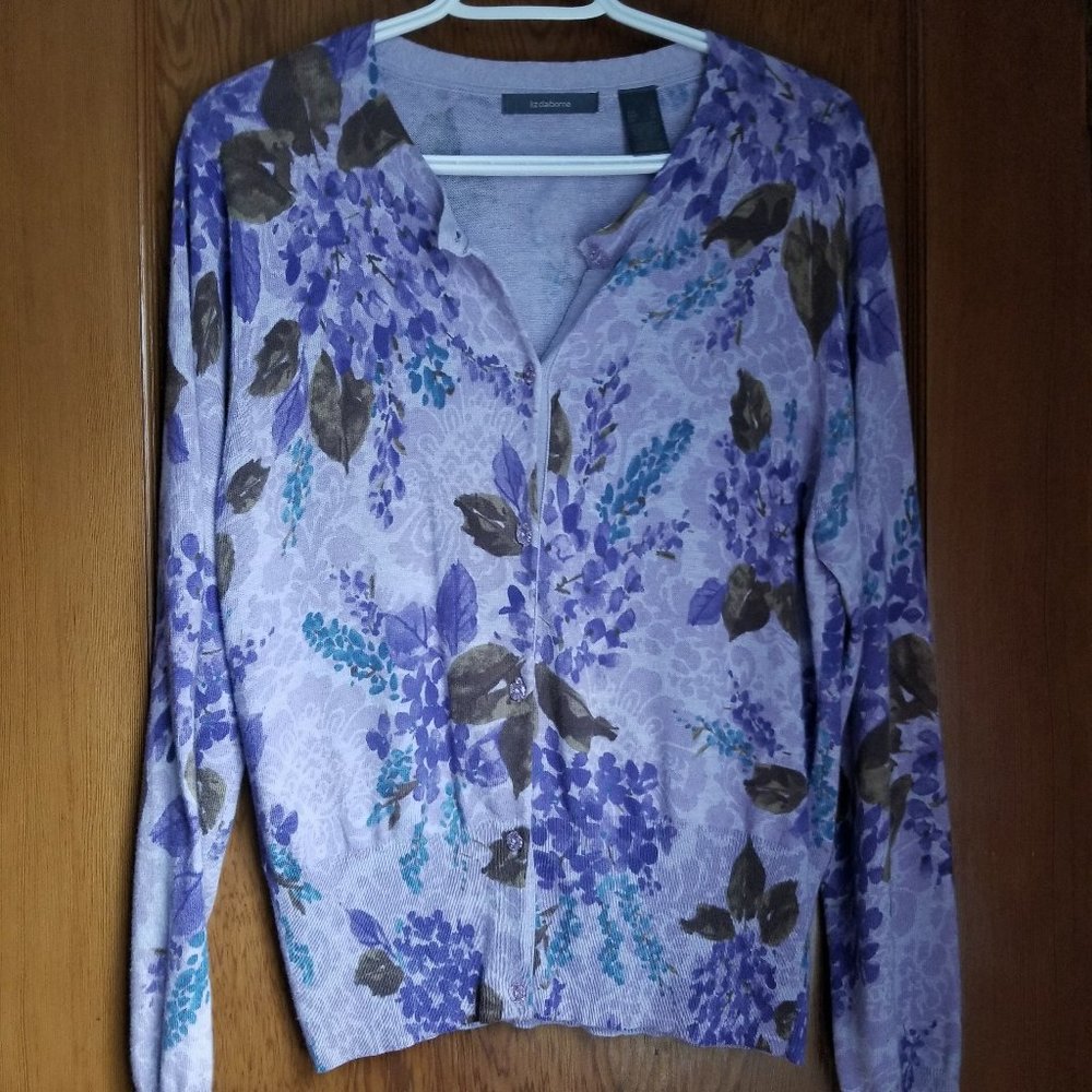 NWOT, vintage y2k cardigan, L, M, floral, leaves, purples+, Liz Claiborne